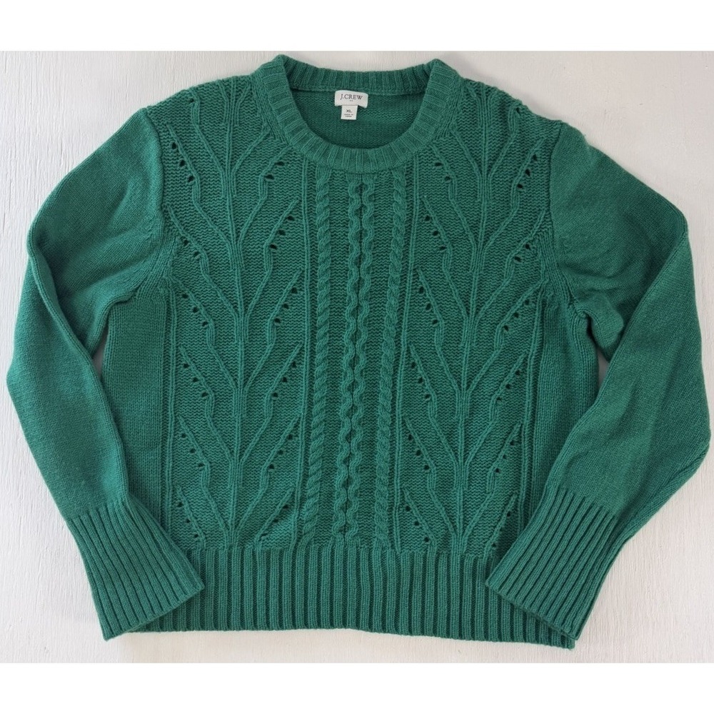 J Crew Womens Pointelle Cable Front Pullover Sweater Lambswool Blend Green XL
